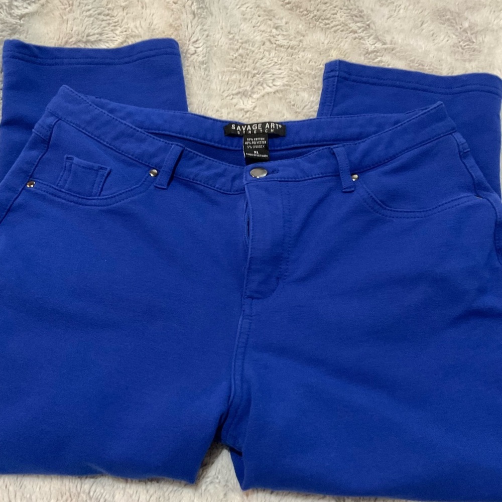 Savage Art Stretch Blue Cotton Knit Capris - Picture 1 of 3